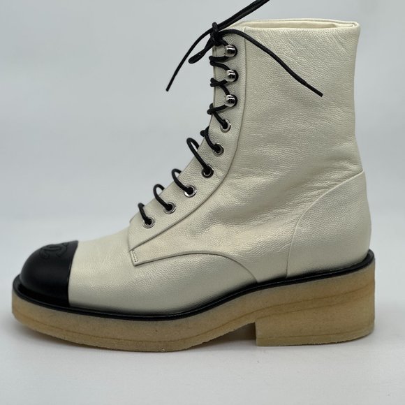 CHANEL 22A Grained Shimmer Leather Lace Up Combat Biker Hiking Ankle Boots - Picture 11 of 16